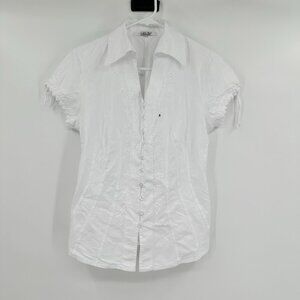 Glocam, 100% White Cotton Collared button up blouse with ties on sleeves size M